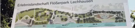  ?? Foto: Stadt Augsburg ?? Eine Bautafel erklärt die Arbeiten am Flößerpark, rechts ist der geplante Wasserspie­lplatz zu sehen.