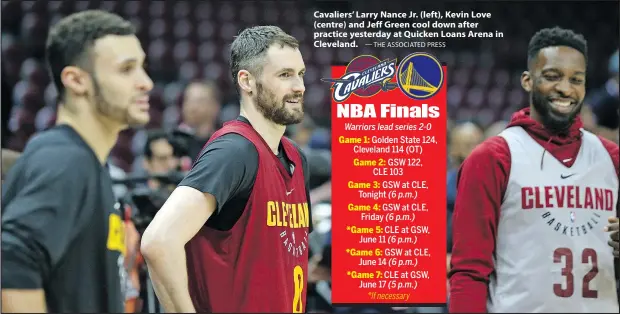  ?? — THE ASSOCIATED PRESS ?? Cavaliers’ Larry Nance Jr. (left), Kevin Love (centre) and Jeff Green cool down after practice yesterday at Quicken Loans Arena in Cleveland.