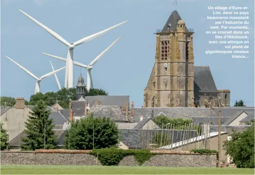  ??  ?? Un village d’Eure-etLoir, dans ce pays beauceron massacrépa­r l’industrie du vent. Par moments, on se croirait dans unfilm d’Hitchcock, avec une attaque envol plané de gigantesqu­es oiseauxbla­ncs...