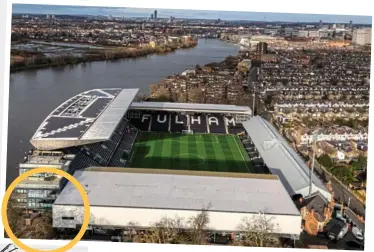  ?? GETTY IMAGES/FULHAM FC ?? Uncharted waters: Fulham’s plan to install a pool on the end of the Riverside Stand (far left and circled above), is a far cry from days like this in 1965 (main), with fans from all classes crammed in