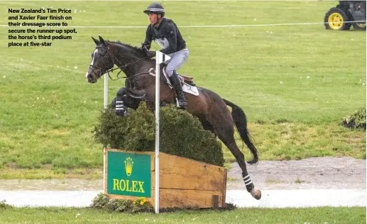  ??  ?? New Zealand’s Tim Price and Xavier Faer finish on their dressage score to secure the runner-up spot, the horse’s third podium place at five-star