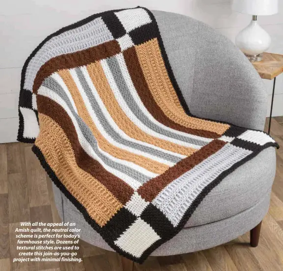  ??  ?? With all the appeal of an Amish quilt, the neutral color scheme is perfect for today’s farmhouse style. Dozens of textural stitches are used to create this join-as-you-go project with minimal finishing.