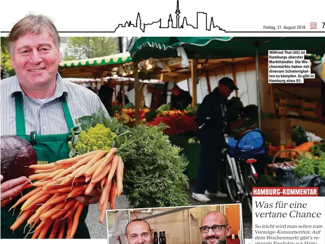  ??  ?? Wilfried Thal (60) ist Hamburgs oberster Markthändl­er. Die Wochenmärk­te haben mit diversen Schwierigk­eiten zu kämpfen. Es gibt in Hamburg etwa 85.