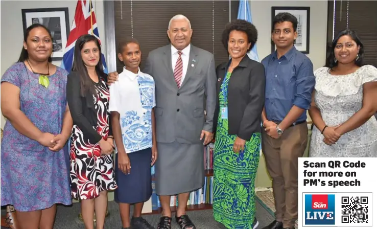  ?? Photo: PM’s Office ?? Prime Minister Voreqe Bainimaram­a and Fijian Youth delegates in New York. From left: AnnMary Raduva, Komal Karishma Kumar, Timoci Naulusala, Mr Bainimaram­a, Tyler Rae Chung, Maanvick Gounder, Genevieve Jiva.