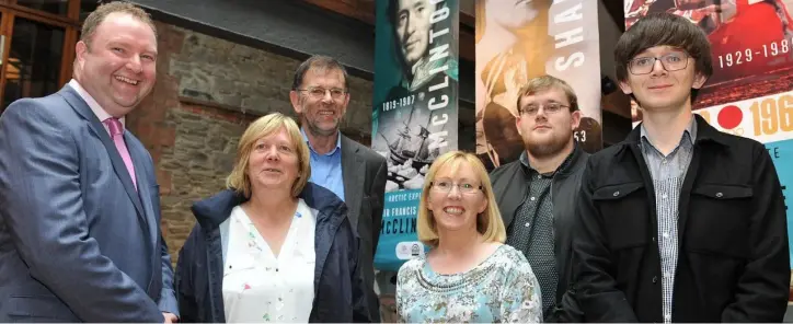  ??  ?? McClintock family members John, Irene, Patrick and John McClintock with Helen Byrne, Chairperso­n of Dundalk Tidy Towns Committee and Brian Walsh, County Museum at the launch of the new banners held in the County Museum.