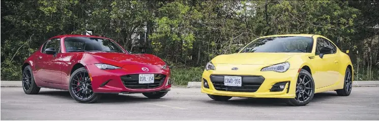  ?? NICK TRAGIANIS/DRIVING ?? The Mazda MX-5 RF and the Subaru BRZ Inazuma Edition have one thing in common: both of these fun, sporty models will have drivers smiling.