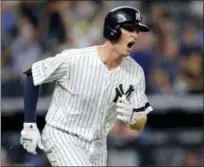  ?? KATHY WILLENS — THE ASSOCIATED PRESS ?? New York Yankees’ Greg Bird reacts after hitting a solo home run against the Cleveland Indians during the seventh inning in Game 3 of baseball’s American League Division Series, Sunday in New York.