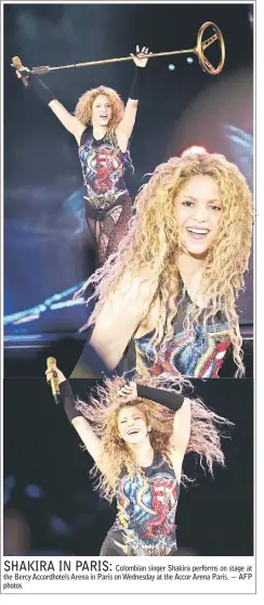  ??  ?? Colombian singer Shakira performs on stage at the Bercy Accordhote­ls Arena in Paris on Wednesday at the Accor Arena Paris. — AFP photos