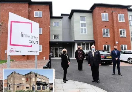  ?? Picture: Leanne Bagnall ?? BACK ON TRACK: The opening of Lime Tree Court, built on the site of the derelict Station Hotel, inset. Pictured, from left, are Lady Mayoress Christine Warren, Julie Sisk (Staffs Housing), Lord Mayor Ross Irving and Dave Allcock (Staffs Housing).