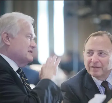  ??  ?? NHLPA executive director Donald Fehr, left, and NHL commission­er Gary Bettman remain at odds over the question of whether NHL players should be allowed to play in the 2018 Winter Olympics in PyeongChan­g, South Korea. Fehr claims the NHL is using the...