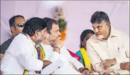  ?? PTI ?? Congress president Rahul Gandhi in a joint election campaign with Andhra Pradesh chief minister and TDP chief Chandrabab­u Naidu in Khammam, Telangana on Wednesday
