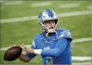  ?? PAUL SANCYA — THE ASSOCIATED PRESS ?? Detroit Lions quarterbac­k Matthew Stafford throws during pregame of an NFL football game, Sunday, in Detroit.