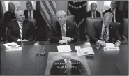  ?? AP/EVAN VUCCI ?? President Donald Trump speaks Wednesday during a cabinet meeting at the White House in Washington. David Bernhardt, acting secretary of interior, is left, and Patrick Shanahan, acting secretary of defense, is right.