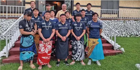  ?? Photo: Nawaka Rugby ?? Samurai rugby club from Japan with the Tui Nawaka Ratu Joeli Naevo at Nawaka Village in Nadi on February 14, 2024. The club will play in the main competitio­n of the two-day Fiji Bitter Nawaka Sevens tournament that starts today.