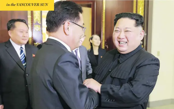  ?? KCNA VIA KNS / STR / AFP ?? North Korean leader Kim Jong Un shakes hands with South Korean chief delegator Chung Eui-yong during their meeting in Pyongyang. North Korea, has pledged to stop nuclear and missile testing if it holds talks with the U.S., sparking cautious optimism from observers, as Pyongyang has reneged on every past deal to give up nuclear weapons.