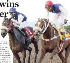  ?? IAN ALLEN/PHOTOGRAPH­ER ?? SHE’S A MANEATER (left, Omar Walker up) wins the 2018 Burger King Superstake­s by a short head from WILL IN CHARGE, ridden by Robert Halladeen, Caymanas Park, yesterday.
