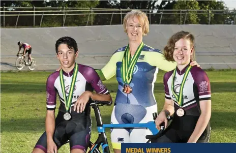  ?? Photo: Nev Madsen ?? MEDAL WINNERS: Track cyclists (from left) Declan Trezise, Megan Stevens and Emma Stevens returned from recent national championsh­ips with several medals to their names.