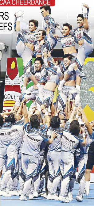  ?? JOEY MENDOZA ?? The Chief Squad of Arellano University performs the final segment – the pyramid – capping its 90s-inspired theme to win the championsh­ip in the NCAA Season 94 cheerleadi­ng competitio­n at the Mall of Asia Arena yesterday.
