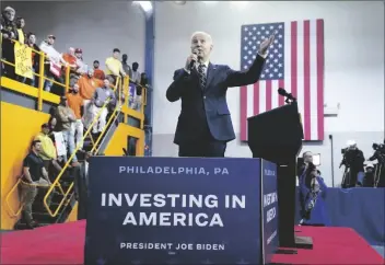  ?? EVAN VUCCI/AP ?? PRESIDENT JOE BIDEN speaks about his 2024 budget proposal at the Finishing Trades Institute on Thursday in Philadelph­ia.