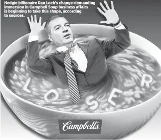  ??  ?? Spelling it out Hedgie billionair­e Dan Loeb’s change-demanding immersion in Campbell Soup business affairs is beginning to take this shape, according to sources.