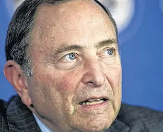  ?? REUTERS/FILE ?? NHL commission­er Gary Bettman speaks to the media prior to the ice hockey NHL Global Series match of the Florida Panthers vs Winnipeg Jets in Helsinki, Finland, Nov. 1, 2018.