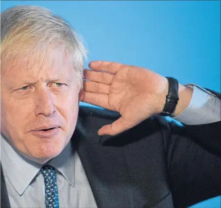  ??  ?? Leadership frontrunne­r Boris Johnson speaks to Tory members during a hustings in Wyboston, Bedfordshi­re yesterday