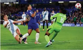  ?? Photograph: Matthew Childs/Action Images/Reuters ?? Chelsea’s Sam Kerr scores the first of her three goals against Paris FC at Stamford Bridge.