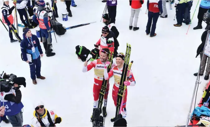  ?? MARTIN SLOTTEMO LYNGSTAD / NTB SCANPIX ?? Emil Iversen og Johannes Høsflot Klaebo sikret Norges fjerde gull i VM.