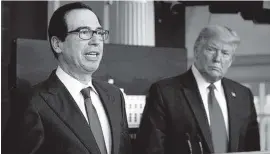  ?? AP file photo ?? President Donald Trump listened April 14 as Treasury Secretary Steven Mnuchin talked about the Paycheck Protection Program, which quickly ran short of money.