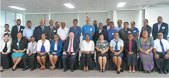  ?? Photo: Lusiana Tuimaisala ?? Sitting sixth from left facilitato­r David Evans, Minister for Industry, Trade and Tourism, Local Government, Housing and Community Developmen­t, Premila Kumar, and facilitato­r Jenny Seeto with the statutory board directors on January 16, 2019.