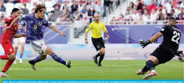  ?? ?? DOHA: Bahrain’s goalkeeper #22 Ebrahim Lutfallah saves a shot by Japan’s forward #09 Ayase Ueda during the Qatar 2023 AFC Asian Cup football match between Bahrain and Japan at al-Thumama Stadium in Doha on January 31, 2024. — AFP