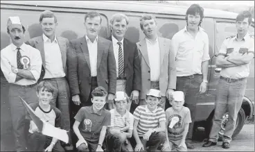  ?? ?? ABOVE: Dad and my mam’s brother John home, on holidays from the UK - pictured are Davey O’Mahony, Connie McGrath, John Kirwan and John & Davey Ryan with kids Seamus Kirwan, Declan and Sean Moher, Paul and Ed Barry off to the All-Ireland in front of the ‘green Hiace van’.
