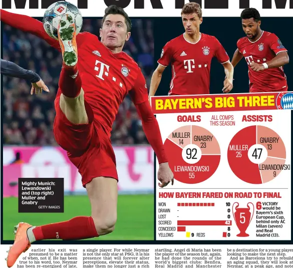  ?? GETTY IMAGES ?? Mighty Munich: Lewandowsk­i and (top right) Muller and Gnabry