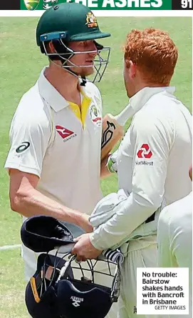  ?? GETTY IMAGES ?? No trouble: Bairstow shakes hands with Bancroft in Brisbane