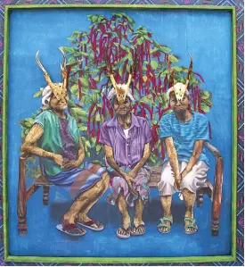  ??  ?? Women with horns: In the work, “Fliofea, Catalina, Erlinda at Aurea,” one asks whether these women inhabit an otherworld­ly place or are they actual people who, in their camouflage of antlers and skin stippled with the underside of leaves, try to pass...