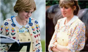  ??  ?? BANANARAMA DRAMA Before the engagement, before any sort of fashion sense at all. A great scene in The Crown, left, when her banana dungarees stopped Charles dead in his Aston Martin at the polo in Windsor, 1981 (but in real life worn in 1981 post-engagement, right).