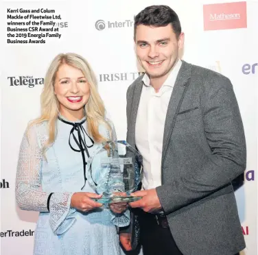  ??  ?? Kerri Gass and Colum Mackle of Fleetwise Ltd, winners of the Family Business CSR Award at the 2019 Energia Family Business Awards