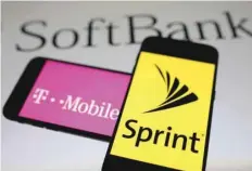  ?? — Reuters ?? Smartphone­s with the logos of T-Mobile and Sprint are seen in front of a Soft Bank logo in this illustrati­on.