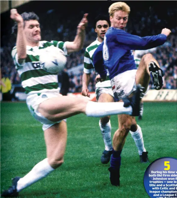  ??  ?? Blue grit and a green light: Mo Johnston gets the better of former Celtic team-mate Roy Aitken in an Old Firm clash at Parkhead in 1990 and (inset, left) beats Nicky Walker to scores for the Bhoys against Rangers in a 4-4 draw at Ibrox in 1986