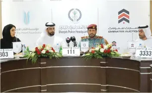  ?? Photo by M. Sajjad ?? Mariam Al Hammadi, Sheikh Sultan bin Ahmed Al Qasimi, Maj-Gen Saif Al Zari Al Shamsi and Abdullah Matar Al Mannai during a Press conference to announce the auction. —