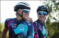  ?? AP/CIARAN FAHEY ?? Tetiana Kalachova (left) and Christine Michelet are members of the female team of amateur cyclists completing the Tour de France route to raise awareness for women’s cycling and promote the return of the women’s Tour.