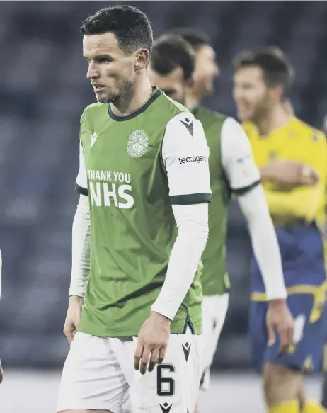  ??  ?? 2 A dejected Scott Allan, left, trudges off the Hampden pitch at fulltime after Hibs’ Betfred Cup semi-final defeat by St Johnstone. The midfielder was thrown on in the 66th minute for his first appearance in almost five months.