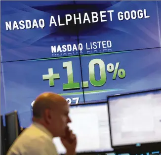  ?? MARK LENNIHAN / ASSOCIATED PRESS 2016 ?? Electronic screens post Google parent Alphabet’s stock price at the Nasdaq MarketSite in New York City in February 2016. The European Union punished Google with a record $5.1 billion fine Wednesday for abusing its power in the mobile phone market.