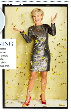  ??  ?? Lynn wears: Silver sequin dress with ribbon tie back, £89, 6-18, Limited Edition at Marks &amp; Spencer. Earrings, £12, Collection at Debenhams. Satin heels, £12, 3-8, Primark