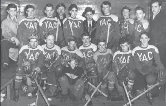  ??  ?? ( January) 1947-48 Glace Bay YAC hockey team, Nova Scotia midget hockey champions. Front, Guy MacQueen, Kenny Gibson, Ray Boudreau, Art Moore, Ralston (Boops) Adshade, Buddy Sharp, Alex Crewe; back row, John MacAskill, Eddie Roberts, Donald MacKeigan,...