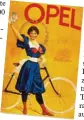  ??  ?? Werbung fürs Rad: Der durchtrain­ierte Radler stand für den Rad Bun destag im Jahr 1914. Opel warb mit einer Radlerin für seine Drahtesel.