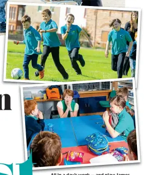  ??  ?? All in a day’s work — and play: James, Fletcher, Eboni, Boris and Oliver with teacher Hayley Dixon (main picture), in the school cloakroom, at breaktime on the village green and saying grace