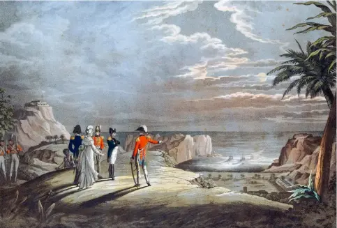  ??  ?? Napoléon Bonaparte sur l’île de Sainte-Hélène, vers 1820, gravure (aquatinte) de Johann Lorentz Rugendas (1775-1826).