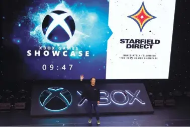  ?? CASEY RODGERS/AP IMAGES FOR XBOX ?? Phil Spencer, head of Xbox, welcomes fans as the countdown to the 2023 Xbox Games Showcase and Starfield Direct, which began Sunday in Los Angeles.