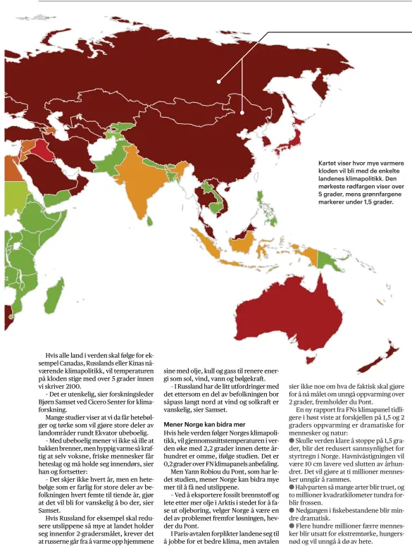  ??  ?? Kartet viser hvor mye varmere kloden vil bli med de enkelte landenes klimapolit­ikk. Den mørkeste rødfargen viser over 5 grader, mens grønnfarge­ne markerer under 1,5 grader.